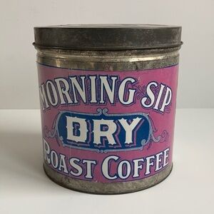 Coffee bar reproduction Morning Sip Dry Roast Coffee advertising tin with lid